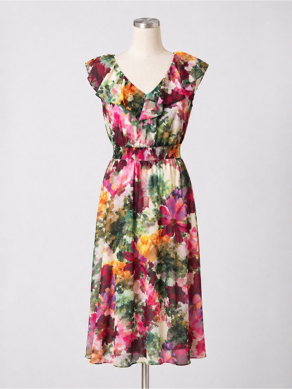 Vince Camuto Watercolor Floral Chiffon Midi Dress Ruffle Elastic Waist XS NWT
